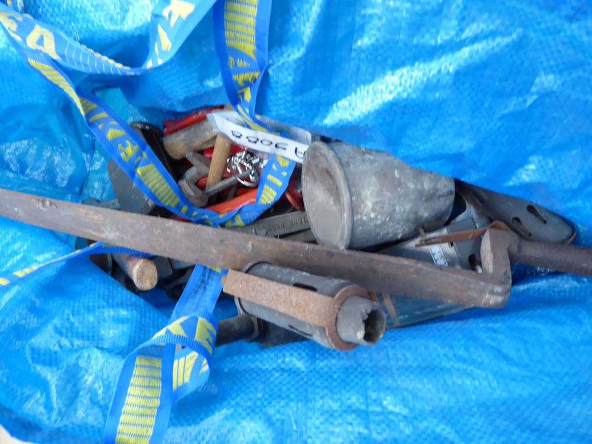 Large wooden toolbox of various tools, and large blue bag of assorted tools - Image 2 of 3