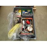 Large plastic crate containing tools, hose, spray equipment, locks etc
