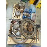 2 pallets of vintage motorcycle spares including wheels, tyres, handlebars, fuel tanks, seats,