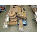 +VAT Pallet containing assorted items inc. weights, poles. wooden cat scratch pad, bedside crib,