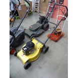 Yellow petrol powered rotary mower, no grass box