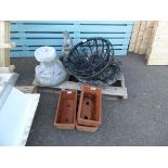 Small pallet containing hanging baskets, bird bath and 3 terracotta pots