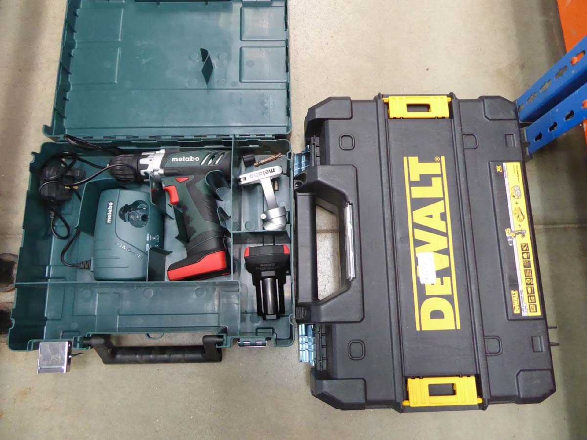 Metabo battery drill with 2 batteries and charger; and empty Dewalt toolcase