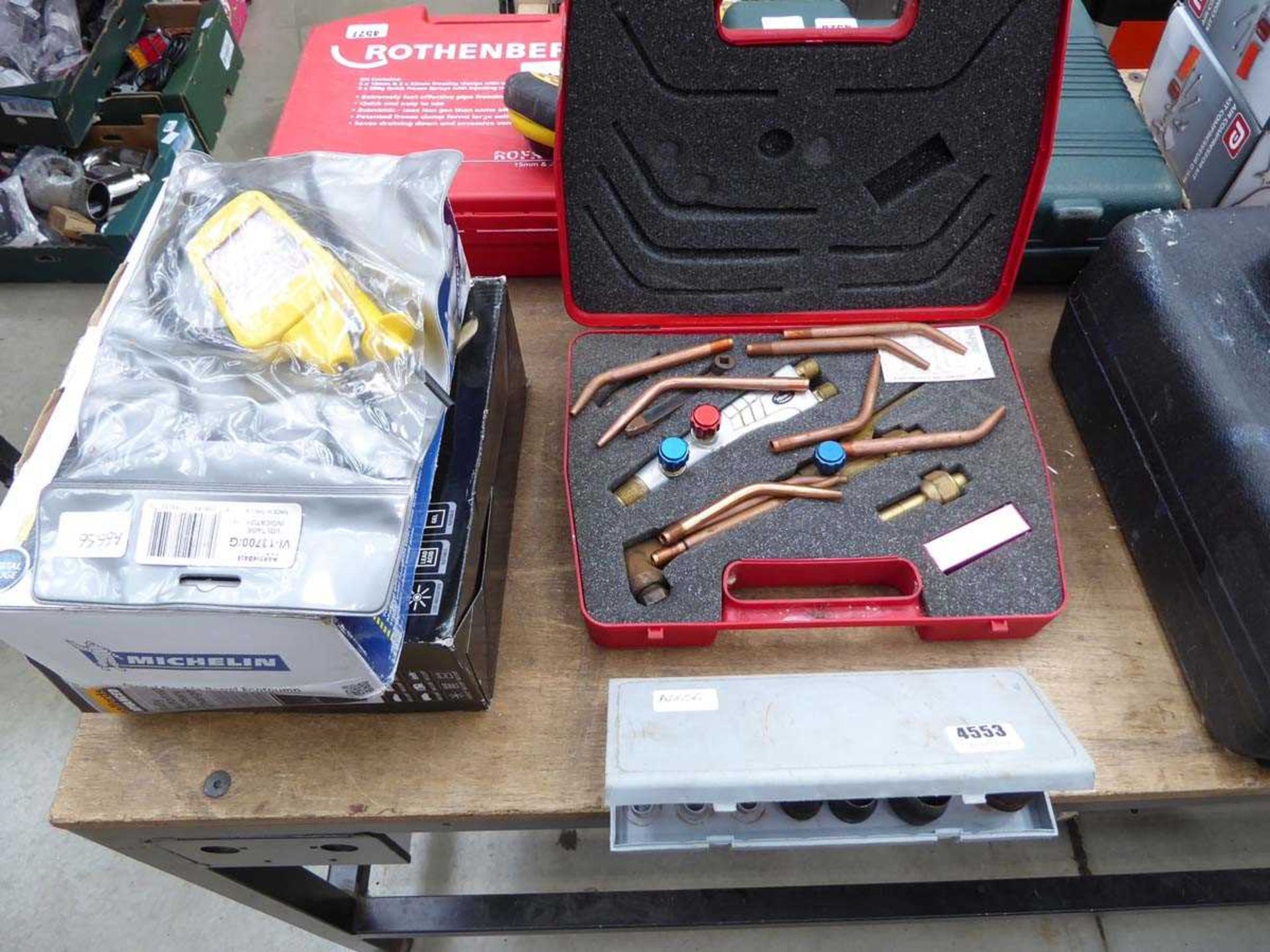 Specialist bit set, gas arc cutting nozzles, string line, electrical tester, foot pump, and