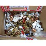 Box of copper, brass and plastic plumbing fittings