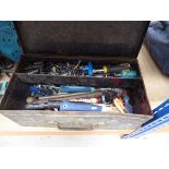 Metal toolbox containing various small tools