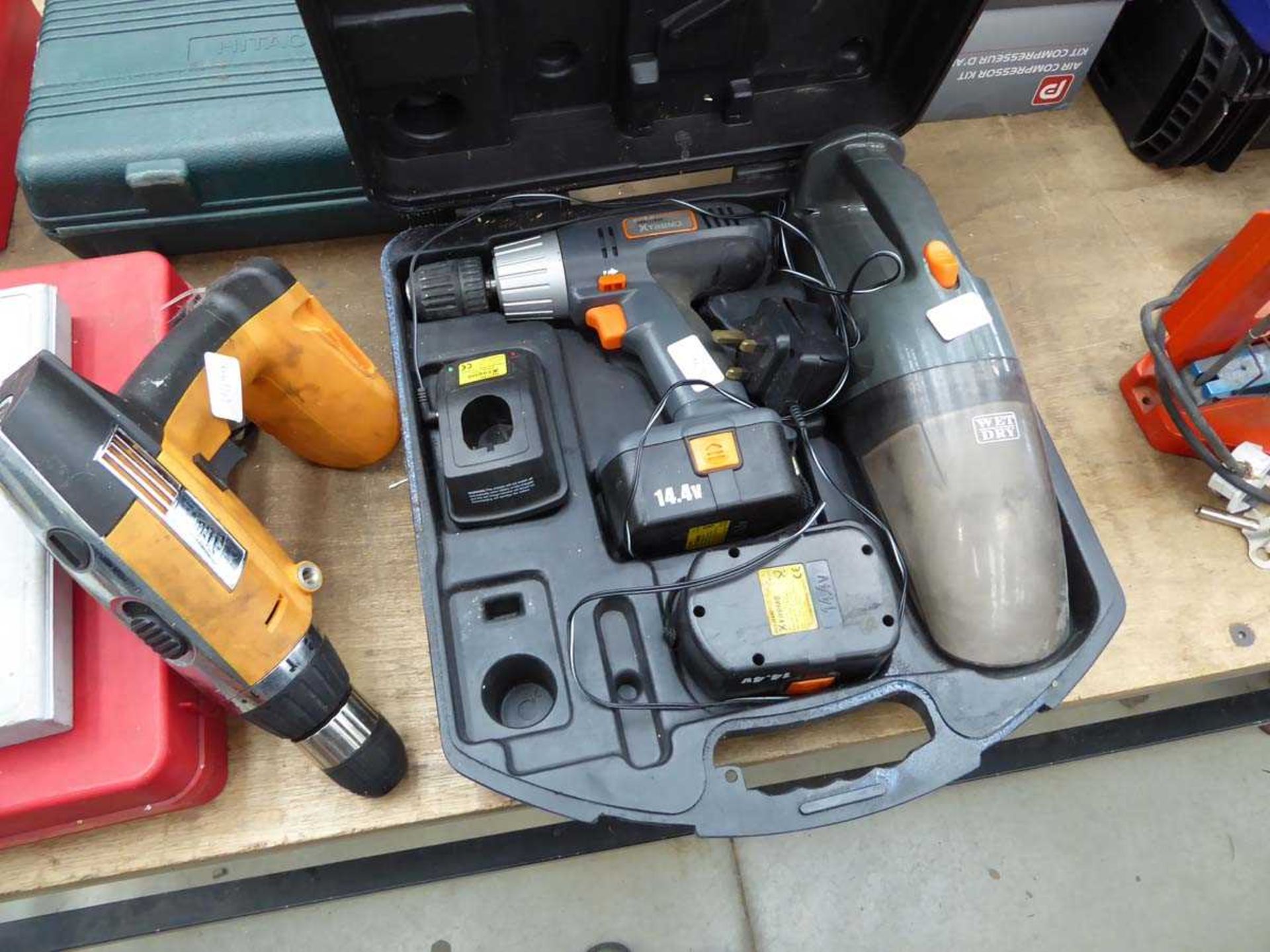 JCB battery drill, no battery or charger; and Challenge Extreme drill and vacuum kit, with 2