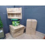 +VAT Slug pellets, small wooden rack, 2 boxes of tomato plant holders, and other garden items
