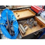 Large wooden toolbox of various tools, and large blue bag of assorted tools