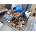 Pallet of assorted items inc. chainsaws, pipe, bike pumps, typewriters, tools etc.