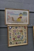 Two embroidered panels - flowers and a pre-Raphaelite lady