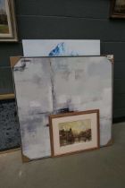 +VAT Quantity of paintings and prints to include iceberg, abstracts and city scape with river and