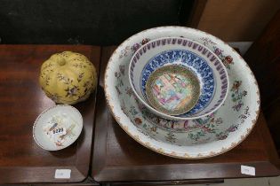 Collection of chinese dishes and bowls plus a pumpkin shaped pot All pieces in overall fair