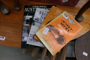 4 x Austin Seven and Healey maintenance books, walking sticks, and box of wine glasses