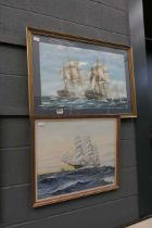 Print and a watercolour - battleships and sailing boat at sea