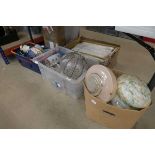 3 boxes containing ceiling light shades, wine glasses and vases