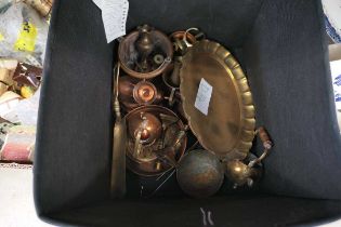 Box containing copper and brassware to include various pots, jugs, candlestick and tray