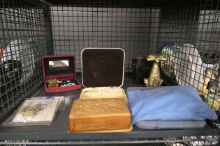 Cage containing costume jewellery, binoculars, brass figure of cat, guitar strings and pearls