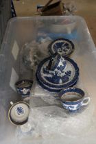 Two boxes containing blue and white crockery, approx 54 pieces