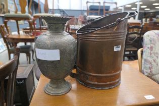 Copper coal scuttle plus an Indian brass vase