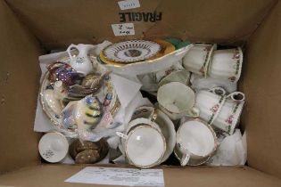 Box containing ornamental fish figures plus Duchess and other crockery