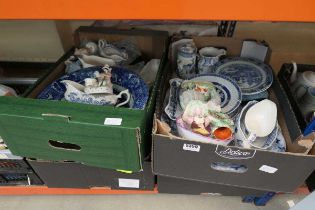 4 boxes containing blue and white china plus glassware and Staffordshire figures