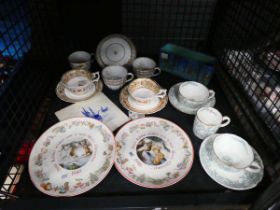 Cage containing various cups and saucers plus Wedgwood Christmas plates