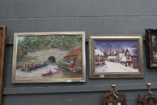 Two oils on canvas and board - canal with barges plus winter scene with thatched cottages