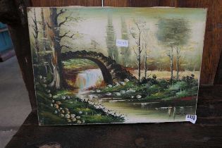 Oil on canvas, stream and bridge