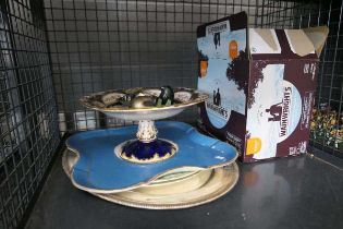 Cage containing tea cups, glass dishes, bon bon dish, ornaments and a silver plated serving tray