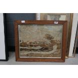 Framed and glazed wall tapestry, country scene