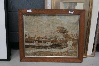 Framed and glazed wall tapestry, country scene
