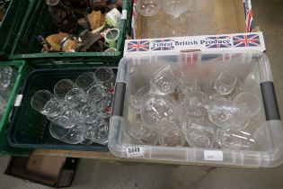 3 x boxes containing wine glasses, tumblers and a pair of decanters