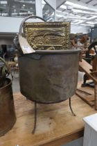 (4) Large brass cooking pot plus a magazine rack