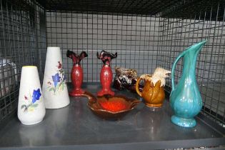 Cage containing studio pottery plus floral patterned vases