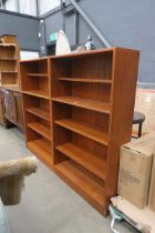 Pair of G Plan open bookcases Some stains and stratches to top. Wear to sides and shelves. No