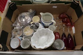 Box containing silver plated 3 piece tea service, sugar nips, jelly moulds, commemorative ware, milk