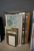2 x rectangular mirrors plus prints and paintings - sea and horses, still life with fruit and