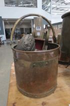 (3) Copper coal scuttle with a quantity of pans, ornamental car, candlestick and lantern