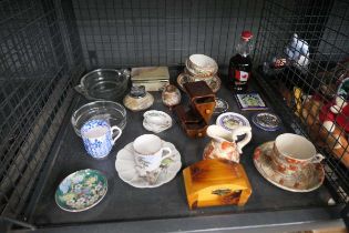 Cage containing export crockery plus cups and saucers, glass dishes and an oynx box
