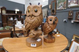 2 x carved wooden owls
