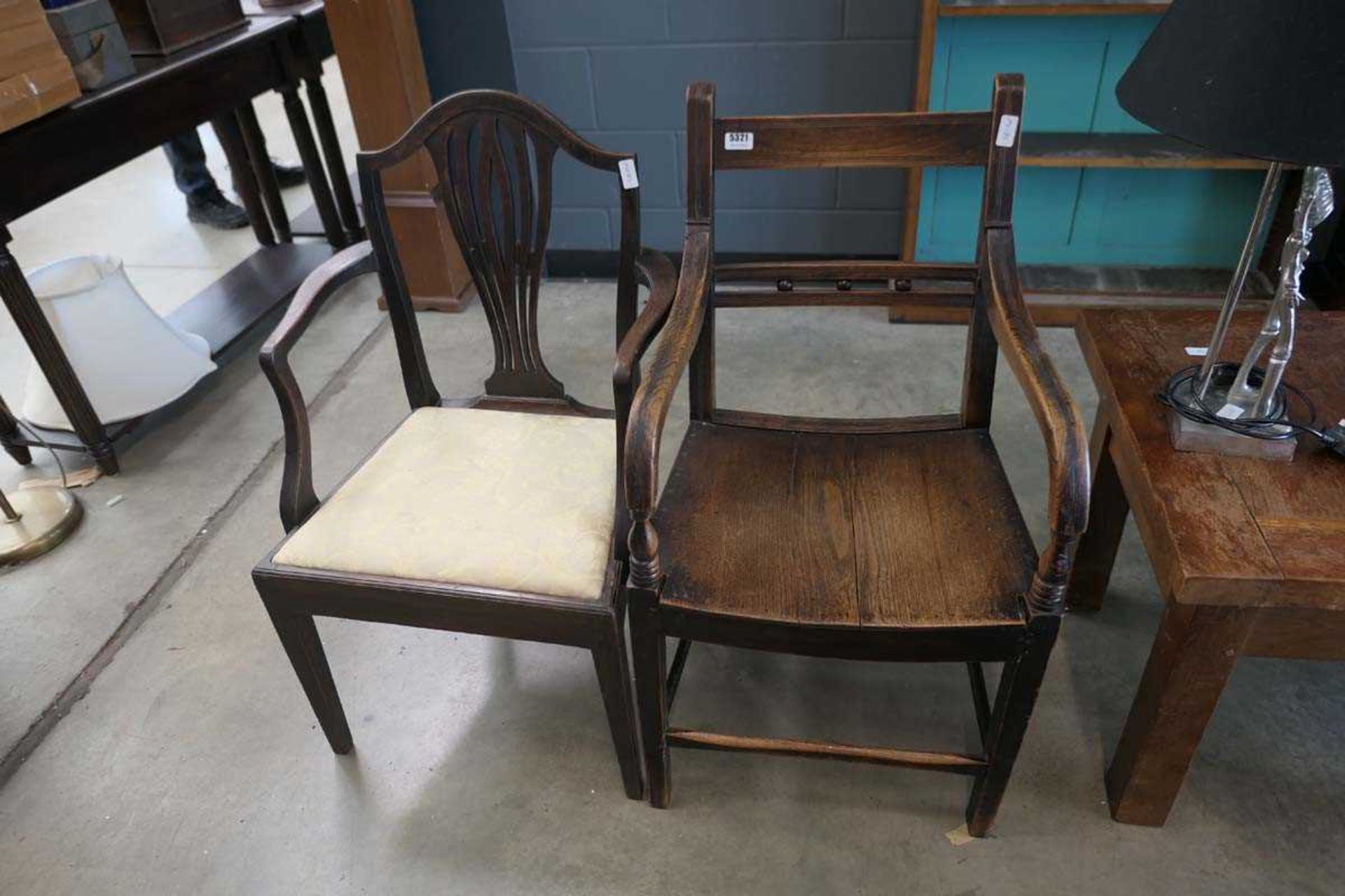 Hepplewhite style elbow chair plus an elm armchair