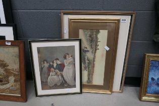Three watercolours and prints to include cottages, stream with punt and a domestic scene