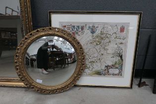 Circular convex mirror in gilt frame plus a map of Northamptonshire