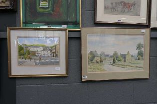 Two watercolours - townscape with hill in background, plus farm buildings