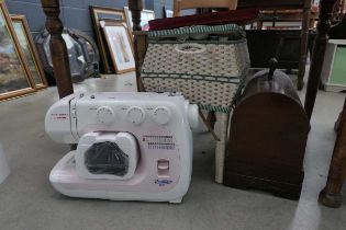 Two electric and manual sewing machines plus a 1950's woven sewing box