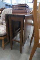 Teak drop side table plus 2 upholstered beech chairs