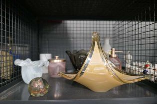 Cage containing dressing table pots plus paperweight, glass basket and dishes