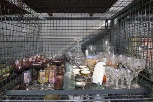 Cage containing sherry and wine glasses, decanter plus tumblers and silver plate