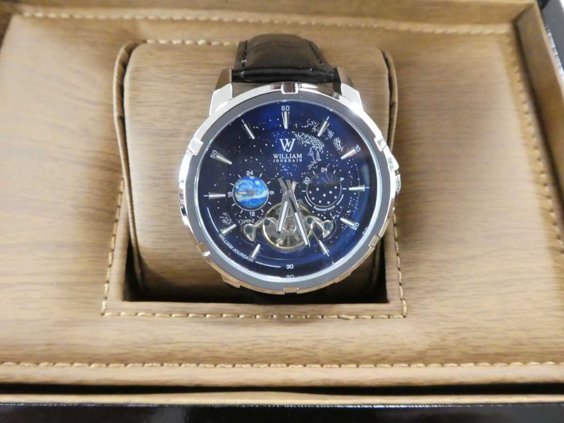 +VAT Boxed William Jourdain men's automatic wristwatch with blue face, moon-phase and black - Image 2 of 2
